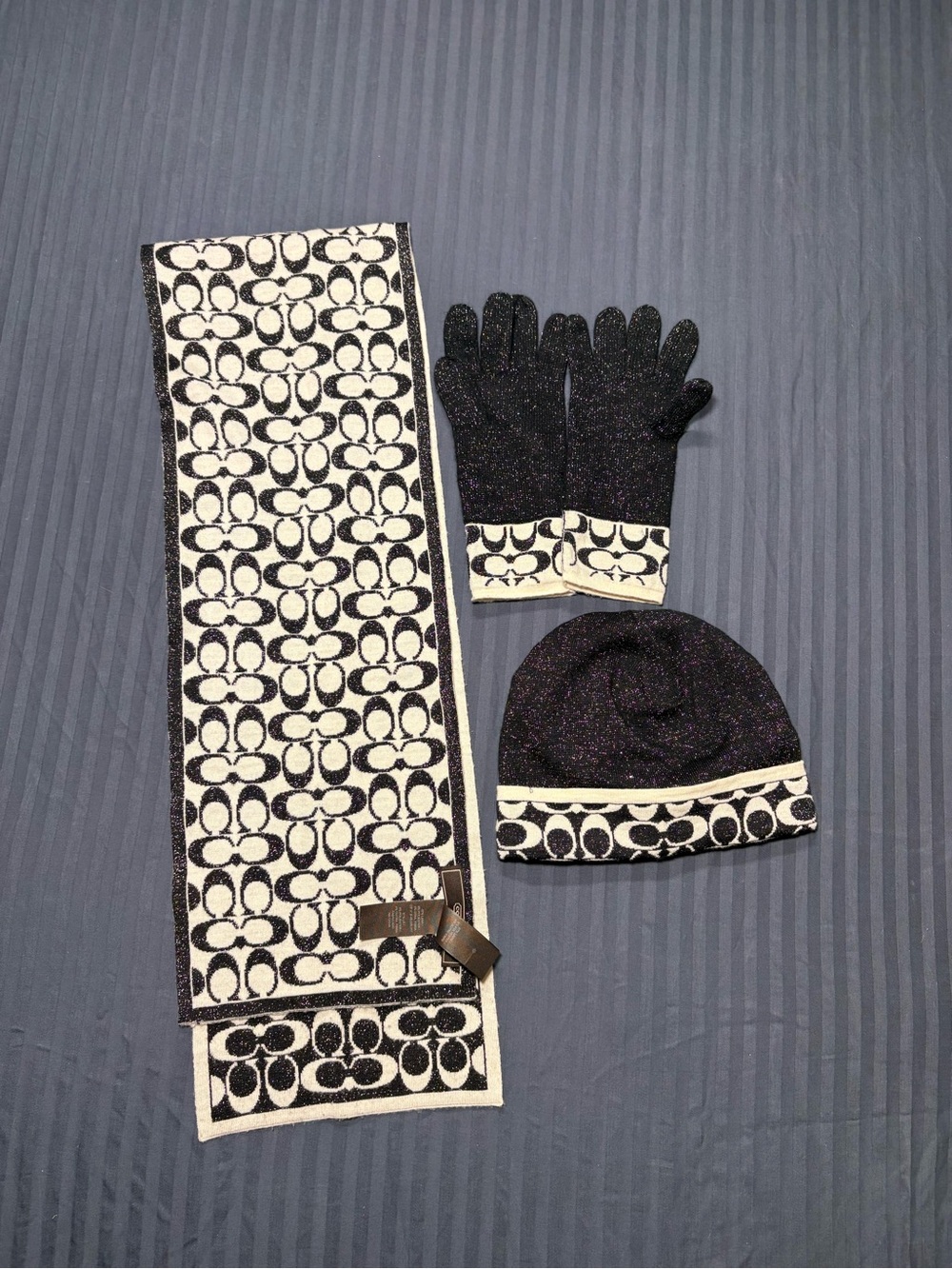 Coach Black and Cream Signature Logo Scarf, Hat & Gloves Set